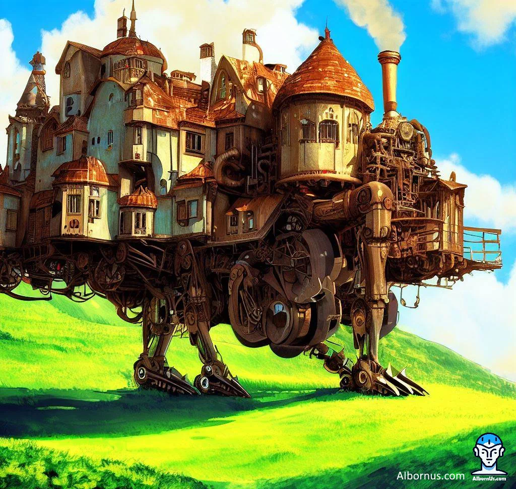 Mechanical Marvels: The Striding Steampunk Castle in a Ghibli-Inspired Wonderland