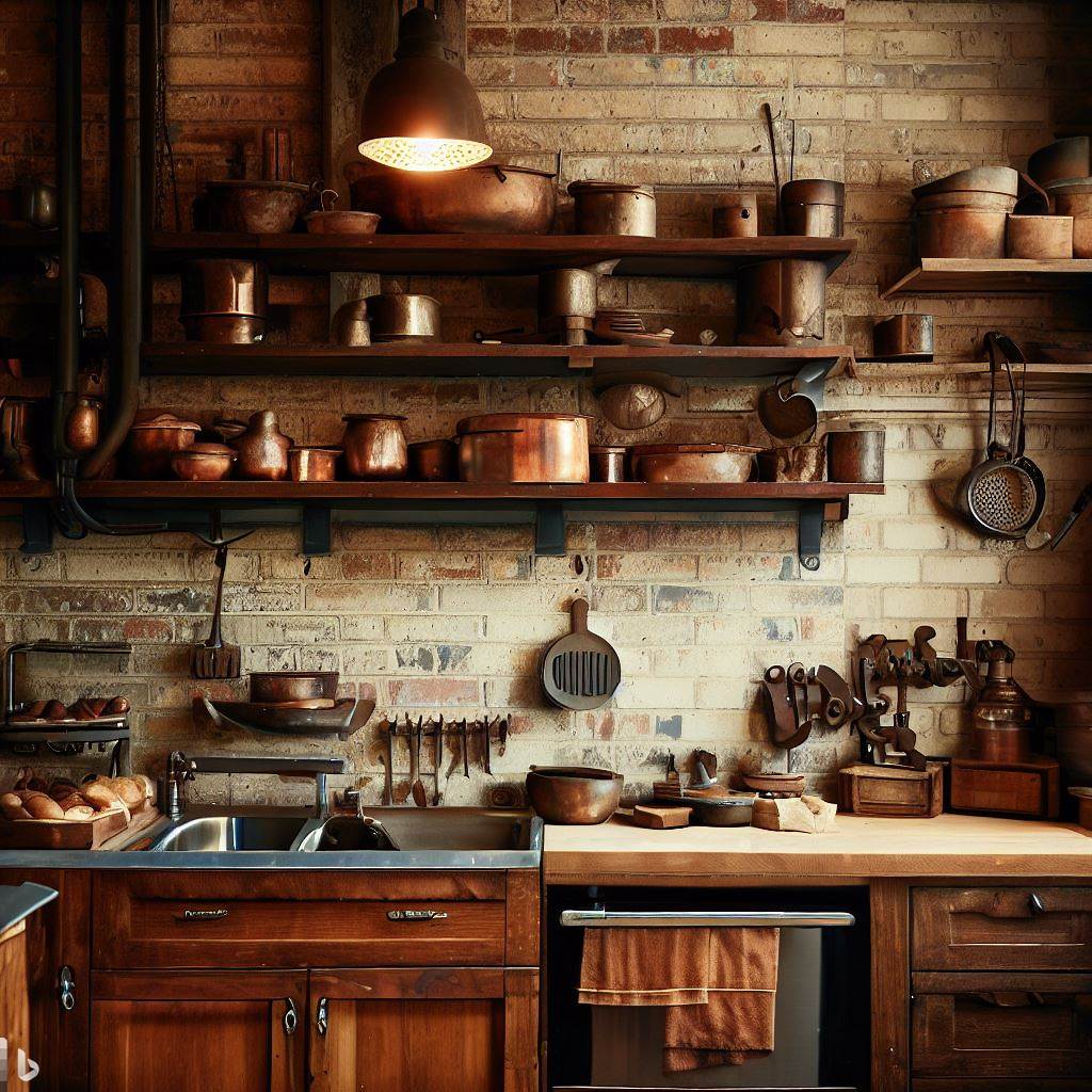 Rustic kitchen with exposed brick wall