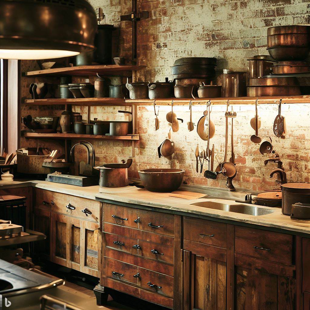 Rustic kitchen with exposed brick wall